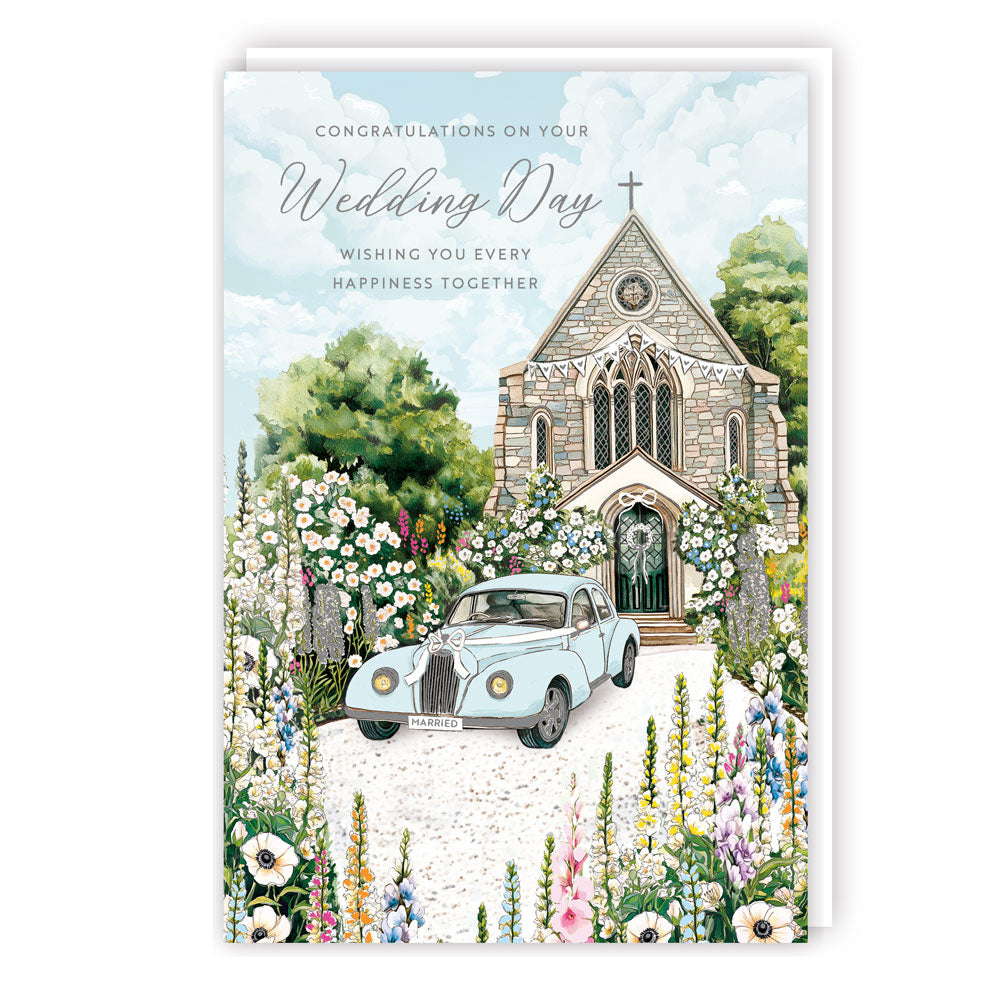 Send your best wishes with this charming wedding card featuring a vintage car parked outside a quaint church. The scene is beautifully adorned with floral arrangements, and the elegant foiling adds a touch of refinement. This card is perfect for expressing your heartfelt congratulations to the happy couple on their special day.