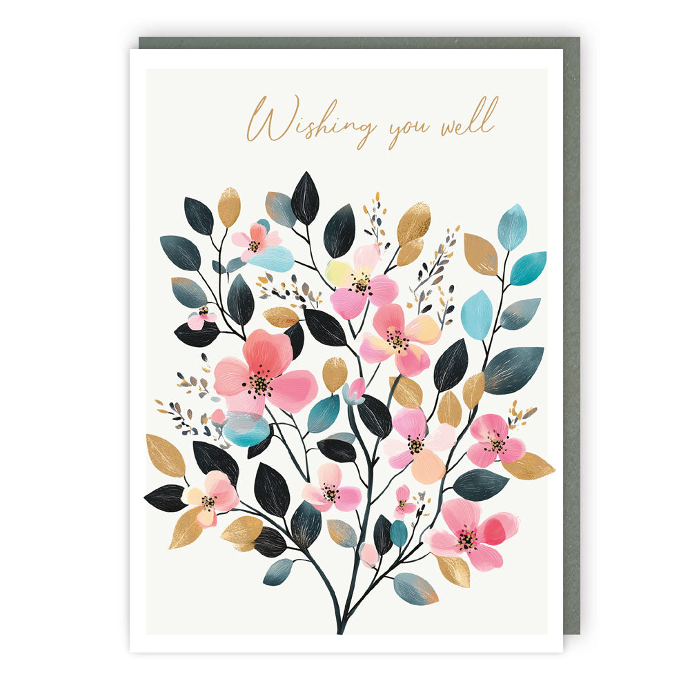 Introducing our beautiful wishing you well card, adorned with elegant gold foil, beautiful flowers and foliage. Show your loved ones you care with this stunning and heartfelt gesture. Perfect for sending get well soon wishes, warm well wishes, and speedy recovery messages. Whether you want to send a feel better soon card, a thinking of you card, or a warm wishes card, this versatile card is ideal for all occasions. Spread love and positivity with our thoughtful and charming recovery wishes card.